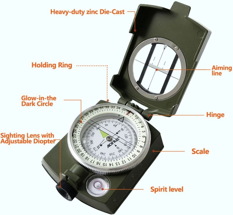 Photo 2 of AOFAR Military Compass,AF-4580 Lensatic Sighting, Waterproof and Shakeproof with Map Measurer Distance Calculator, Pouch for Camping, Hiking