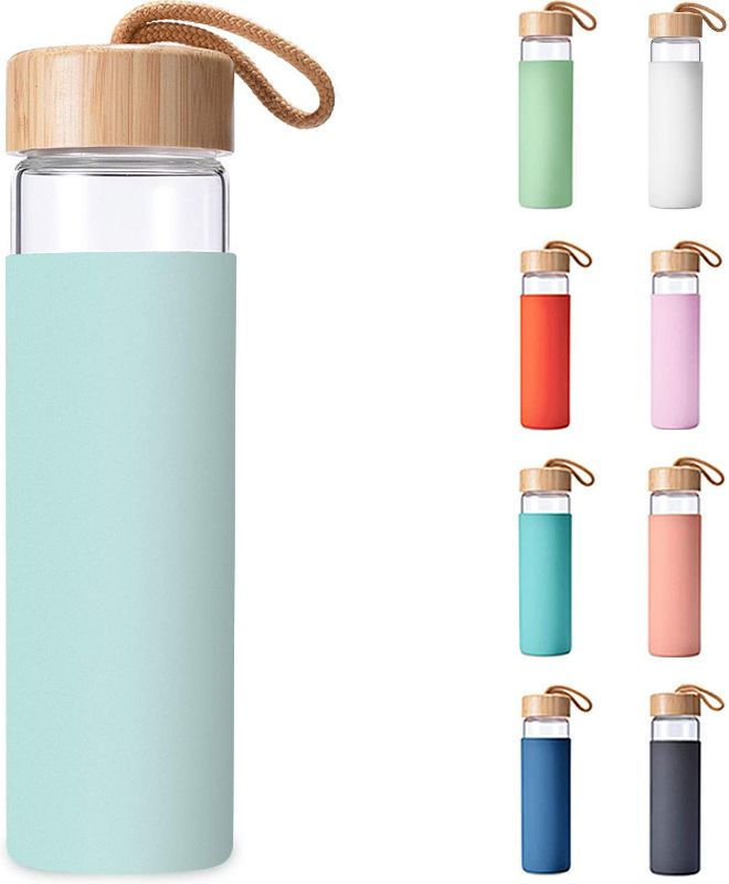 Photo 1 of Yomious 20 Oz Borosilicate Glass Water Bottle with Bamboo Lid and Silicone Sleeve – Reusable BPA Free – Glass Drinking Bottle with Lids - Cute Glass Bottle for Women - Glass Shaker Bottle