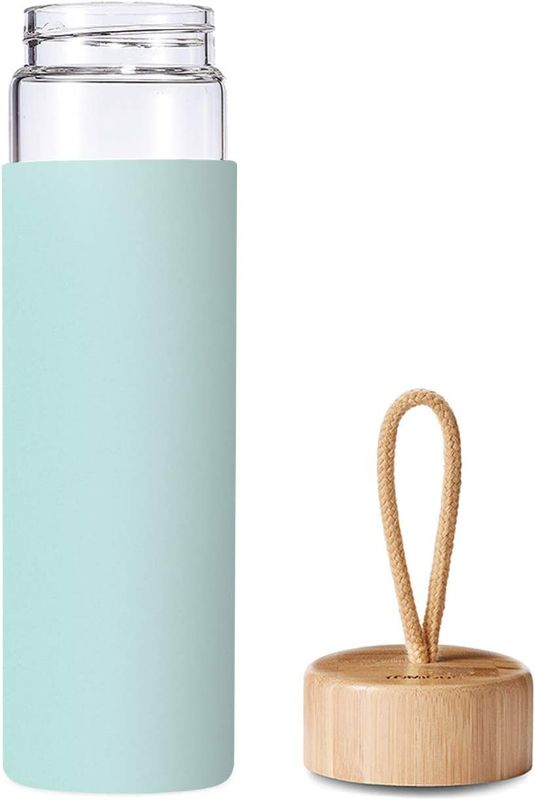 Photo 1 of Yomious 20 Oz Borosilicate Glass Water Bottle with Bamboo Lid and Silicone Sleeve – Reusable BPA Free – Glass Drinking Bottle with Lids - Cute Glass Bottle for Women - Glass Shaker Bottle