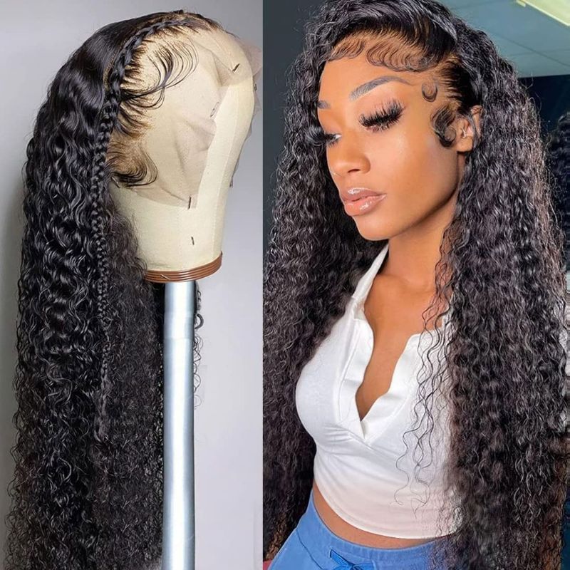 Photo 1 of Kiss Love 13x4 Deep Wave Lace Front Wigs Human Hair Curly Wigs for Black Women Wet and Wavy HD Transparent Lace Front Wigs Human Hair Pre Plucked with Natural Baby Hair Brazilian Virgin Lace Frontal Wig 150% Density Natural Hairline( 20Inch)