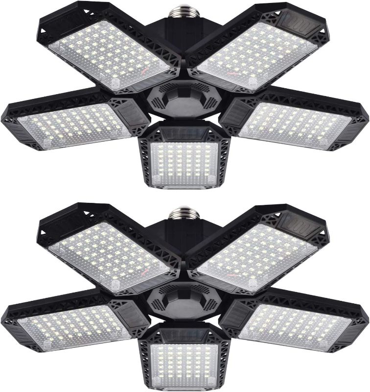 Photo 1 of 2 Pack LED Garage Lights, 120W Deformable LED Garage Ceiling Lights with 5 Adjustable Panels, 12000LM E26 LED Shop Lights for Garage, Basement, Barn, High Bay Light (2 Pack)