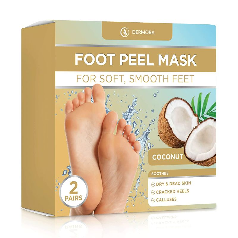 Photo 1 of DERMORA Foot Peel Mask - 2 Pack of Regular Skin Exfoliating Foot Masks for Dry, Cracked Feet, Callus, Dead Skin Remover - Feet Peeling Mask for Soft Baby Feet, Coconut Scent