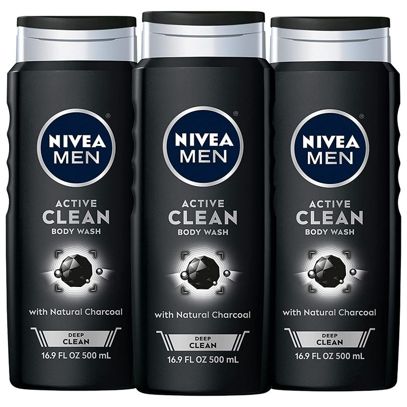 Photo 1 of Nivea Men DEEP Active Clean Charcoal Body Wash, Cleansing Body Wash with Natural Charcoal, 3 Pack of 16.9 Fl Oz Bottles