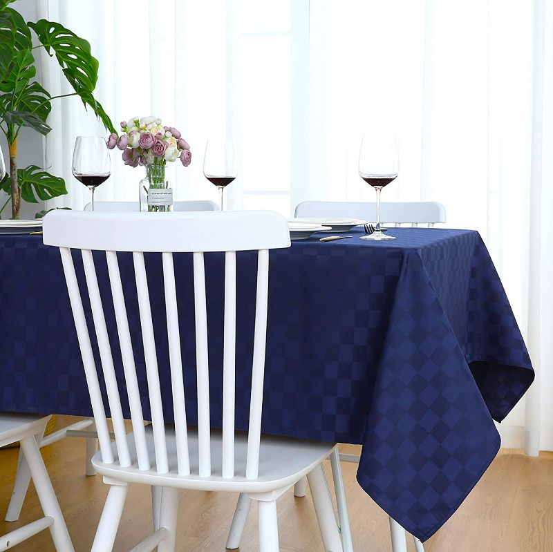 Photo 1 of FOLINS&HOME Jacquard Checkered Waterproof Rectangle Tablecloth Solid Plaid Damask Heavy Weight Wrinkle Free Table Cloth for Dinning Kitchen Indoor & Outdoor, Oblong/Rectangular, 60 x 84 inch Navy Blue