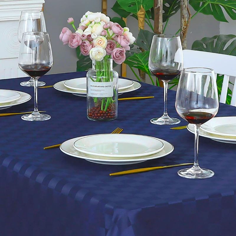Photo 2 of FOLINS&HOME Jacquard Checkered Waterproof Rectangle Tablecloth Solid Plaid Damask Heavy Weight Wrinkle Free Table Cloth for Dinning Kitchen Indoor & Outdoor, Oblong/Rectangular, 60 x 84 inch Navy Blue