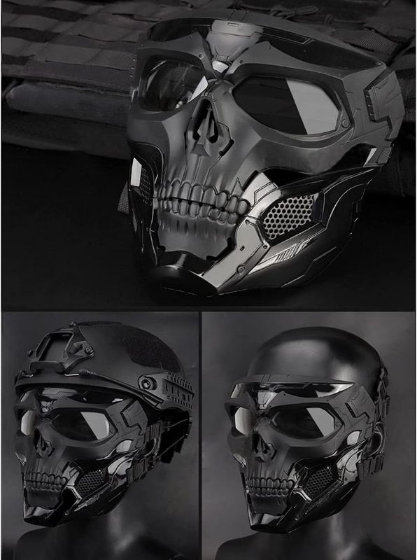 Photo 3 of AOUTACC Airsoft Mask Skeleton Skull Mask with Goggles full face Protective Paintball Mask Adjustable Tactical Mask for Halloween Paintball Game Movie Props Party Cosplay Outdoor Activities(Black)