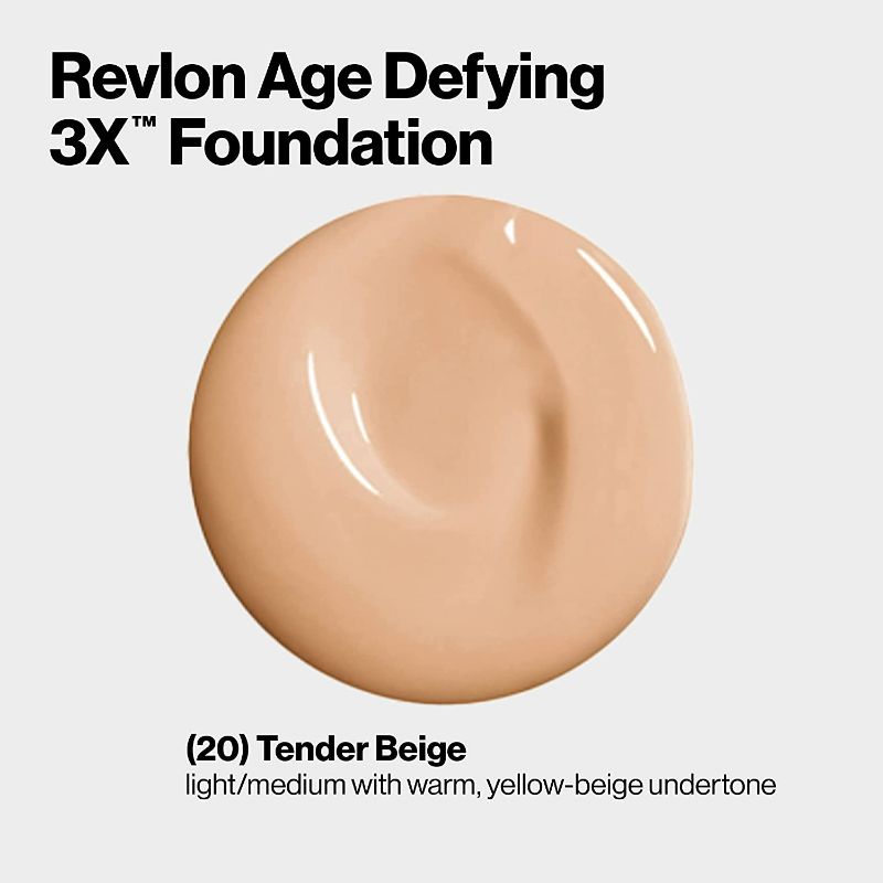 Photo 2 of Revlon Age Defying 3X Makeup Foundation, Firming, Lifting and Anti-Aging Medium, Buildable Coverage with Natural Finish SPF 20, 020 Tender Beige, 1 fl oz