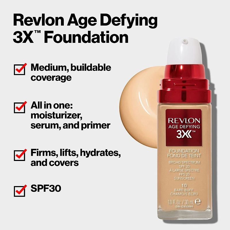 Photo 1 of Revlon Age Defying 3X Makeup Foundation, Firming, Lifting and Anti-Aging Medium, Buildable Coverage with Natural Finish SPF 20, 020 Tender Beige, 1 fl oz