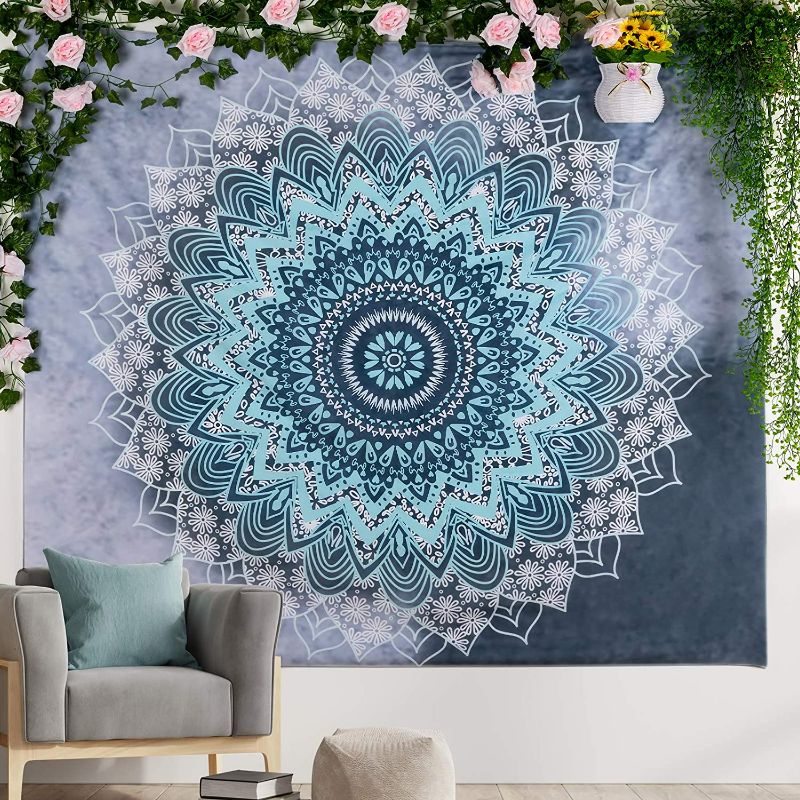 Photo 1 of Urbanstrive Not Fade Machine Washable Mandala Tapestry Wall Hanging Trippy Hippie Bohemian Psychedelic Wall Tapestry for Bedroom Living Room, Blue White, Small (28.7x37.4 Inches)(73x95 cm)