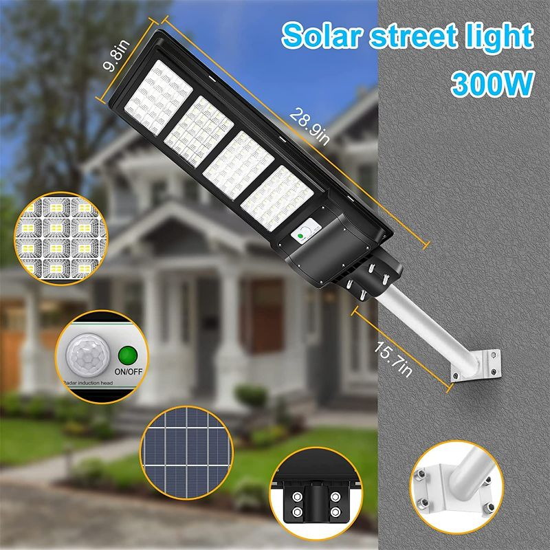 Photo 3 of 300W Solar Street Light, 15000LM Dusk to Dawn LED Solar Flood Lights Outdoor Motion Sensor with Remote Control & Arm Pole, Solar Security Led Outdoor Light Lamp for Yard, Garden, Parking Lot