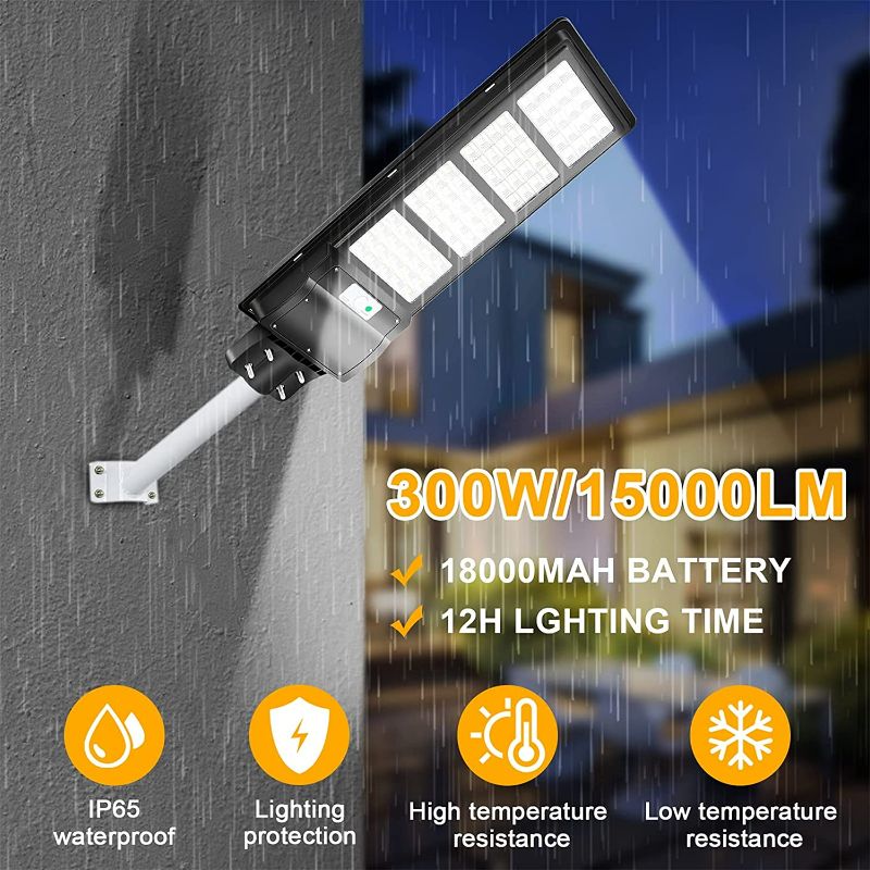 Photo 2 of 300W Solar Street Light, 15000LM Dusk to Dawn LED Solar Flood Lights Outdoor Motion Sensor with Remote Control & Arm Pole, Solar Security Led Outdoor Light Lamp for Yard, Garden, Parking Lot