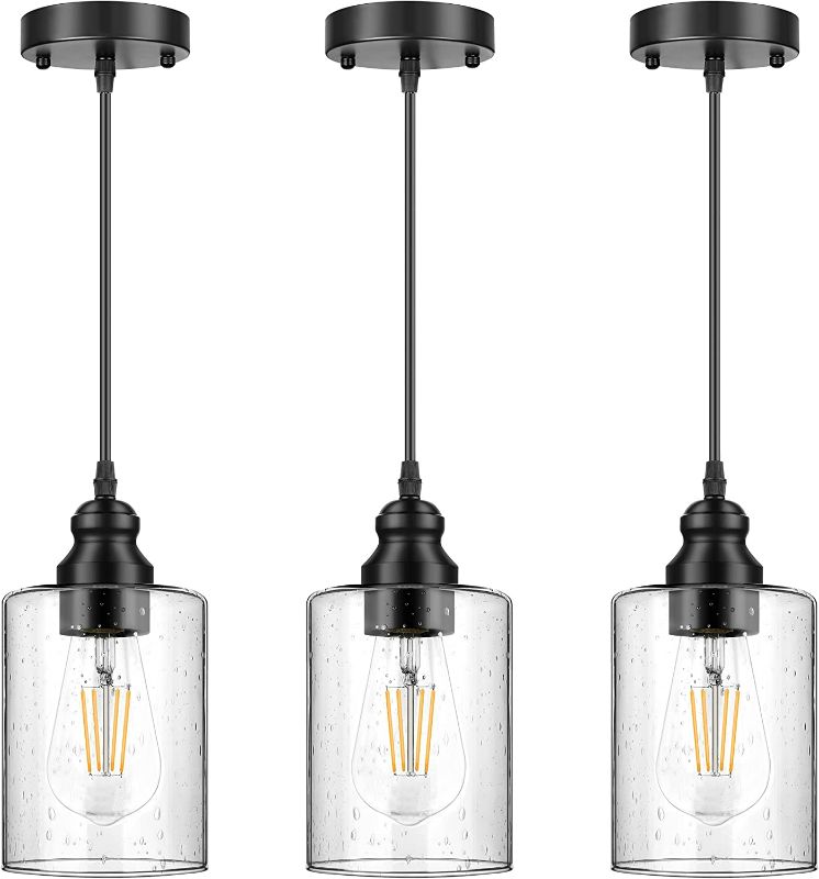 Photo 1 of 3-Pack Industrial Pendant Lights, Seeded Glass Pendant Lamp Shade, Modern Indoor Hanging Light Fixtures, Black Farmhouse Ceiling Light for Hallway Porch Corridor Kitchen Bedroom, Bulb Not Included