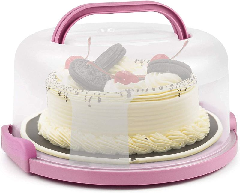 Photo 3 of Zoofen Plastic Cake Carrier with Handle 10in Cake Holder Cake Stand with Lid Pink Cake Container for 10in Cake Round Cake Carrier for Transport