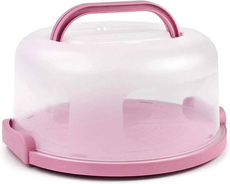 Photo 1 of Zoofen Plastic Cake Carrier with Handle 10in Cake Holder Cake Stand with Lid Pink Cake Container for 10in Cake Round Cake Carrier for Transport