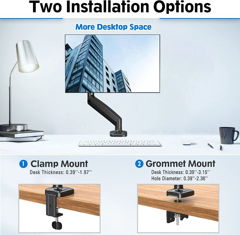 Photo 4 of MOUNTUP Single Monitor Desk Mount, Adjustable Gas Spring Monitor Arm Support Max 32 Inch, 4.4-17.6lbs Screen, Computer Monitor Stand Holder with Clamp/Grommet Mounting Base, VESA Mount Bracket, MU0004