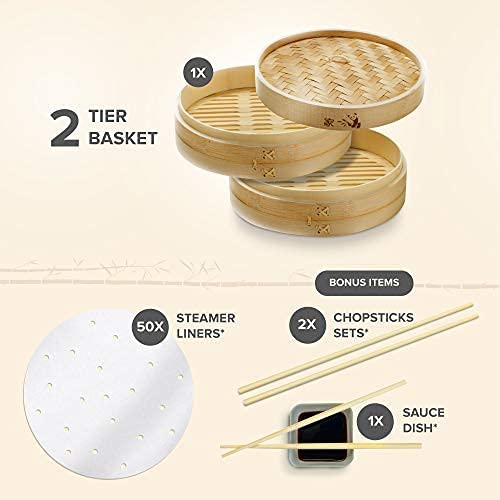 Photo 2 of Prime Home Direct Bamboo Steamer Basket 10 inch, Dumpling Maker, Vegetable Steamer, 2 Tier Food Steamer Includes 2 Sets of Chopsticks, 1 Sauce Dish & 50 Liners - Multi-use Steamer Basket