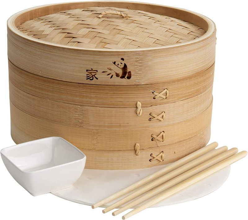 Photo 1 of Prime Home Direct Bamboo Steamer Basket 10 inch, Dumpling Maker, Vegetable Steamer, 2 Tier Food Steamer Includes 2 Sets of Chopsticks, 1 Sauce Dish & 50 Liners - Multi-use Steamer Basket