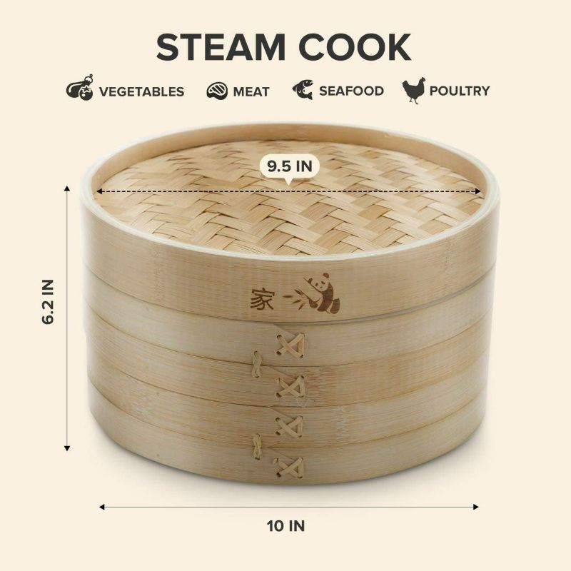 Photo 3 of Prime Home Direct Bamboo Steamer Basket 10 inch, Dumpling Maker, Vegetable Steamer, 2 Tier Food Steamer Includes 2 Sets of Chopsticks, 1 Sauce Dish & 50 Liners - Multi-use Steamer Basket