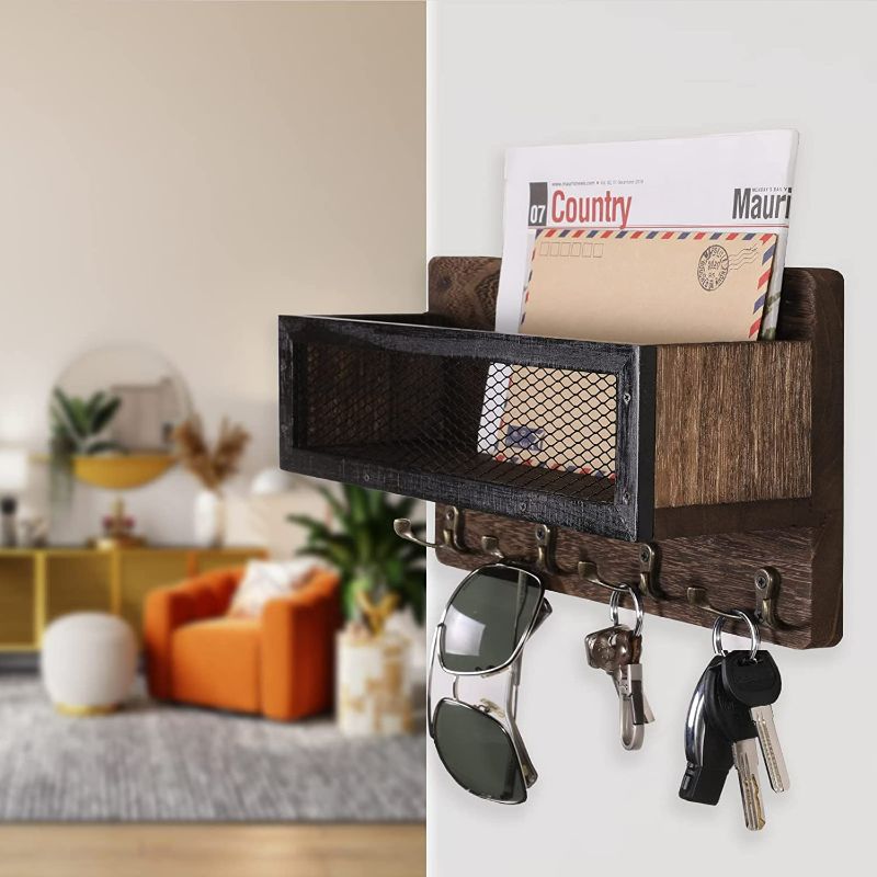 Photo 2 of ADIIL Mail and Key Holder for Wall Decorative, Wooden Wall Key Rack Organizer with 4 Double Key Hooks, Wall Mount Key Hanger for Wall with Shelf, Rustic Home Decor for Entryway Hallway, Brown