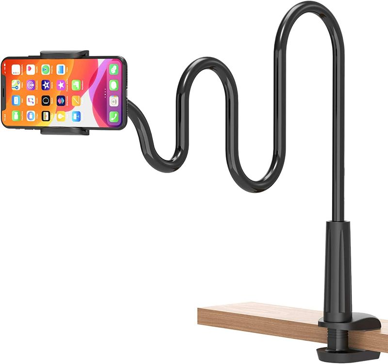 Photo 1 of BILLKAQ Gooseneck Cell Phone Holder, 110cm Long Arms Phone Stand 360 Flexible Clamp Lazy Bracket Mount Compatible with iPhone 12/11 Pro Xs XR SE 8 Plus and Other 3.5"~6.5" Devices (Black)