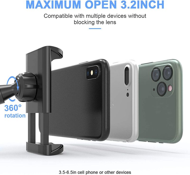 Photo 2 of BILLKAQ Gooseneck Cell Phone Holder, 110cm Long Arms Phone Stand 360 Flexible Clamp Lazy Bracket Mount Compatible with iPhone 12/11 Pro Xs XR SE 8 Plus and Other 3.5"~6.5" Devices (Black)