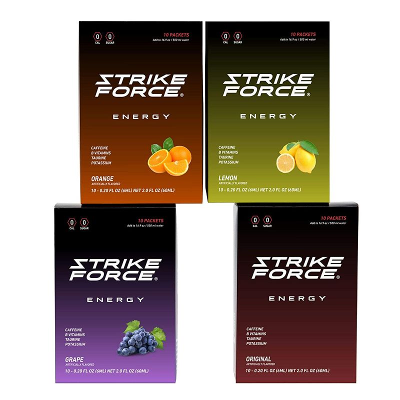 Photo 1 of Strike Force Energy Drink Mix - 4 Flavor Variety Pack - Natural Tasting Caffeine Drink - Turn Any Drink into a Healthy Energy Drink - Zero Calories, Keto Friendly, Sugar Free, Pre Workout (40 Liquid Packets)
