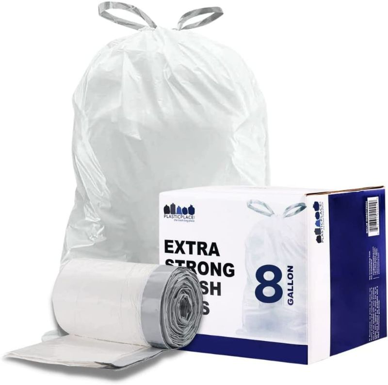 Photo 1 of Plasticplace 8 Gallon Trash Bags â”‚ 0.7 Mil â”‚ White Drawstring Garbage Can Liners â”‚200 Count (Pack of 1)