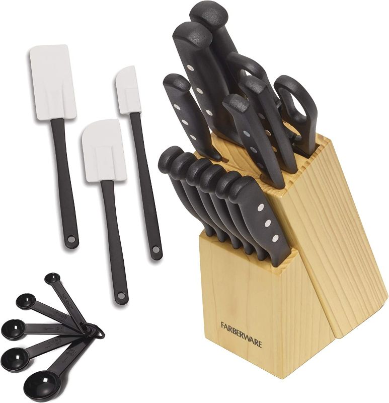 Photo 1 of Farberware 22-Piece Never Needs Sharpening Triple Rivet High-Carbon Stainless Steel Knife Block and Kitchen Tool Set, Black