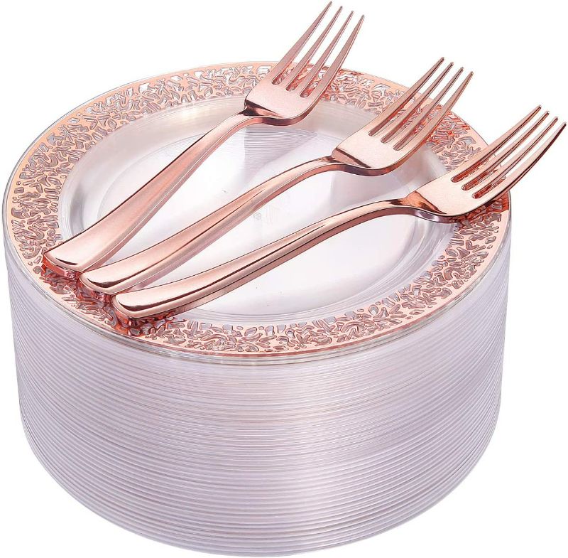 Photo 1 of I00000 72 Pieces Rose Gold Dessert Plates 7.5" & 72 Pieces Disposable Forks 7.4", Clear Lace Design Plastic Salad Plates, BPA Free Appetizer Plates for all Holidays & Occasions & Party