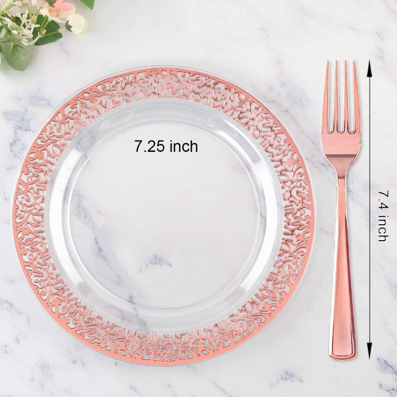 Photo 2 of I00000 72 Pieces Rose Gold Dessert Plates 7.5" & 72 Pieces Disposable Forks 7.4", Clear Lace Design Plastic Salad Plates, BPA Free Appetizer Plates for all Holidays & Occasions & Party