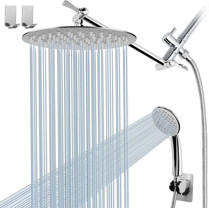 Photo 1 of Round Shower Head Combo with 11'' Extension Arm?High Pressure 8" Rain Shower Head with Handheld Shower Spray and Holder/ 1.5M Hose?Dual Rainfall Showerhead Set? Chrome