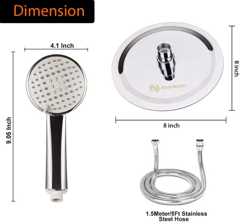 Photo 3 of Round Shower Head Combo with 11'' Extension Arm?High Pressure 8" Rain Shower Head with Handheld Shower Spray and Holder/ 1.5M Hose?Dual Rainfall Showerhead Set? Chrome