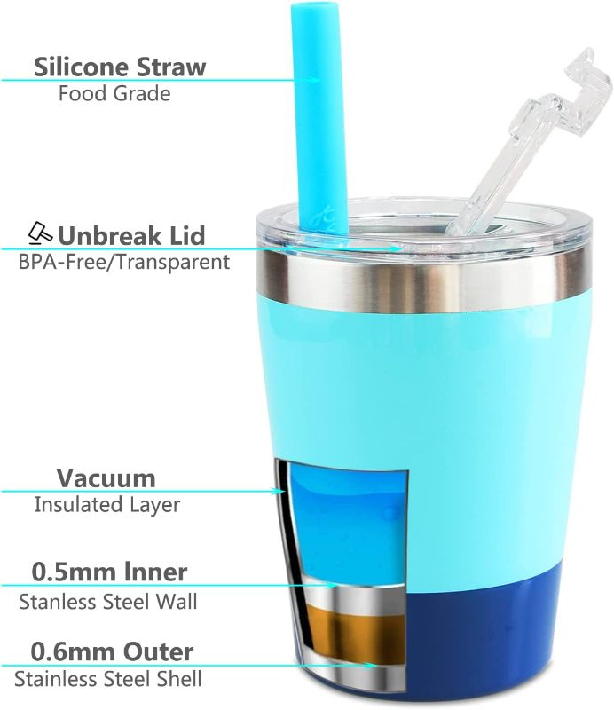 Photo 2 of PINK ROSE & TEAL BLUE Kids Toddler Straw Cups,2 Pack 8 oz,Toddler Smoothie Cups Spill Proof Insulated Kids Stainless Steel Cups Tumbler with Lids Silicone Straws,BPA Free Stackable Baby Drinking Cups Easy Cleaning