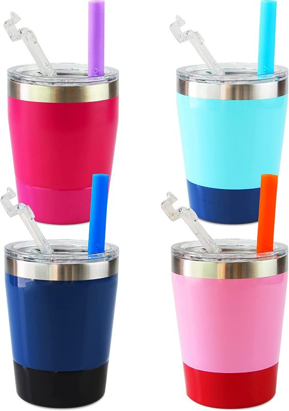 Photo 1 of PINK ROSE & TEAL BLUE Kids Toddler Straw Cups,2 Pack 8 oz,Toddler Smoothie Cups Spill Proof Insulated Kids Stainless Steel Cups Tumbler with Lids Silicone Straws,BPA Free Stackable Baby Drinking Cups Easy Cleaning