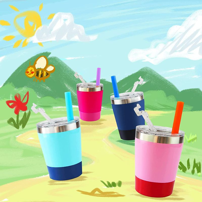 Photo 3 of PINK ROSE & TEAL BLUE Kids Toddler Straw Cups,2 Pack 8 oz,Toddler Smoothie Cups Spill Proof Insulated Kids Stainless Steel Cups Tumbler with Lids Silicone Straws,BPA Free Stackable Baby Drinking Cups Easy Cleaning