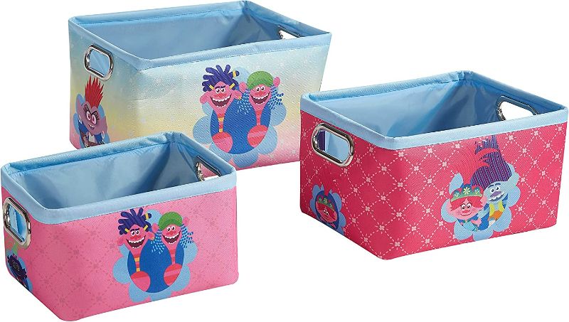 Photo 1 of Idea Nuova DreamWorks Trolls 3 Piece Nestable Rectangular Storage Bins with Grommet Handles for Organizing Toys, Games, Clothes in Nursery, Playroom, Bedroom, Bathroom