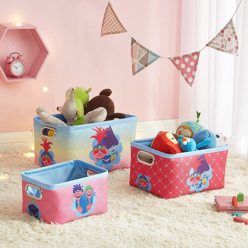 Photo 3 of Idea Nuova DreamWorks Trolls 3 Piece Nestable Rectangular Storage Bins with Grommet Handles for Organizing Toys, Games, Clothes in Nursery, Playroom, Bedroom, Bathroom