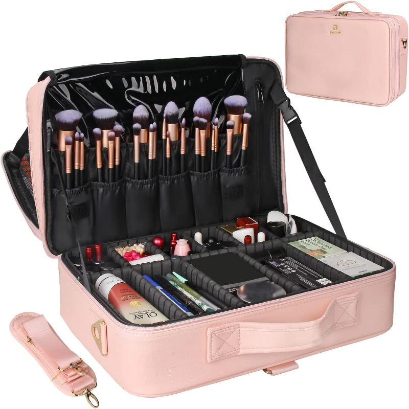 Photo 1 of Relavel Makeup Case Large Makeup Bag Professional Train Case 16.5 inches Travel Cosmetic Organizer Brush Holder Waterproof Makeup Artist Storage Box, 3 Layer Large with Adjustable Strap (Pink)