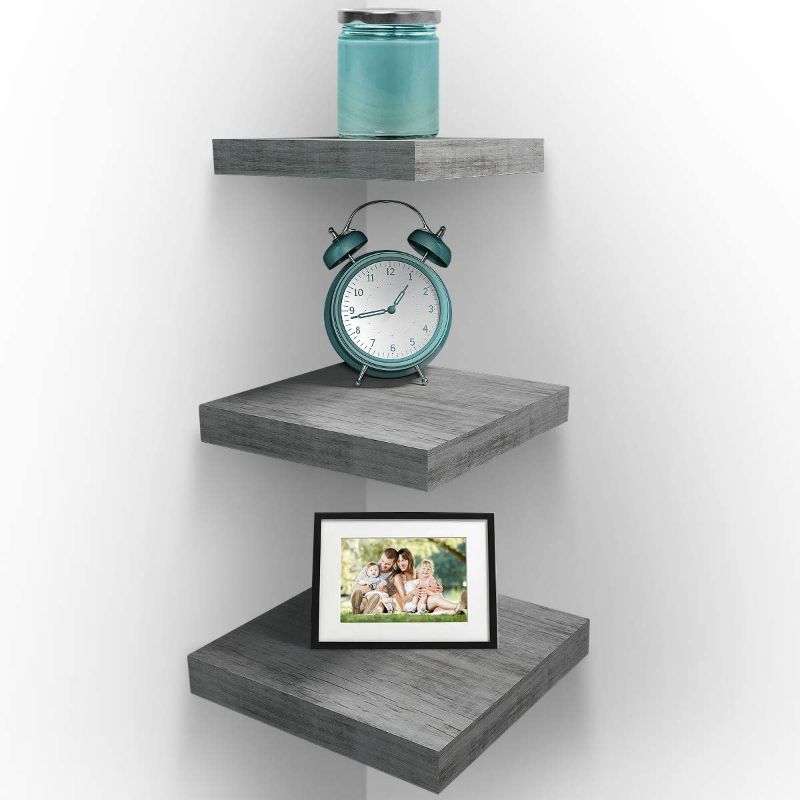 Photo 1 of Sorbus Wall Mount Corner Shelves, Square Hanging Wall Shelves Decoration, Perfect Trophy Display, Photo Frames, Home Décor, Set of 3 (3-Piece Square Set - Grey White)