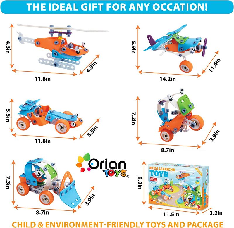 Photo 2 of Orian Toys 5 in 1 STEM Learning Toys for Boys and Girls, Best IQ Builder STEM Learning Toys Creative Construction Engineering for Kids 5-11 years old, DIY Building Kit, 132 Pieces, Play Set - Gift Box