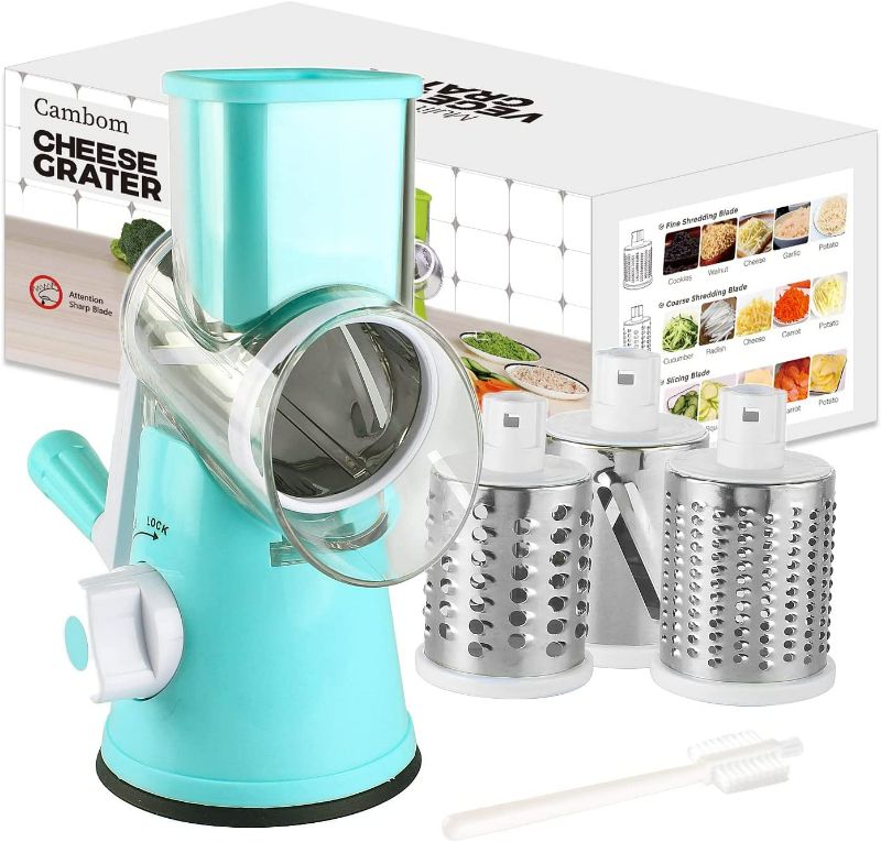 Photo 2 of Cambom Manual Rotary Cheese Grater - Round Mandoline Slicer with Strong Suction Base, Vegetable Slicer Nuts Grinder Cheese Shredder with Clean Brush