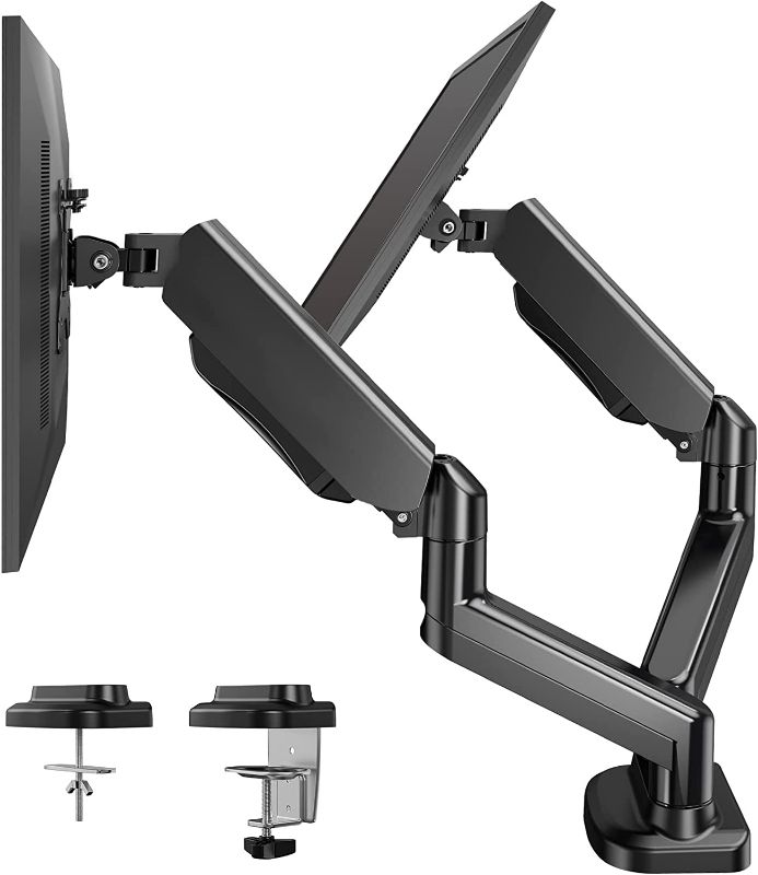 Photo 1 of HUANUO Dual Monitor Arm for 13 to 27 inch, Gas Spring Monitor Stands for 2 Monitors Vesa Mount with Clamp/Grommet Base, Computer Dual Monitor Desk Mount for up to 17.6 lbs per Arm