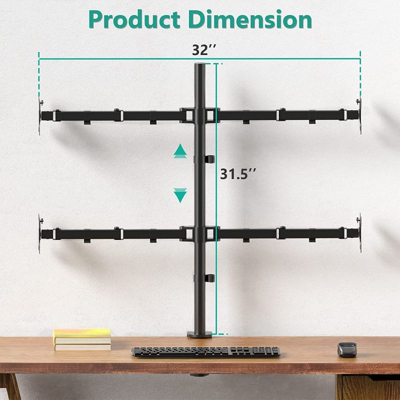 Photo 2 of WALI Quad Monitor Stand, 4 Monitor Stand Fits Heavy Duty Computer Screen up to 27 inch, Full Adjustable Desk Mount Holds up to 22 lbs per Arm (M004), Black