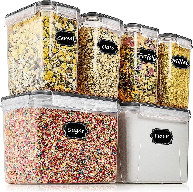Photo 1 of Airtight Food Storage Containers - Wildone Cereal & Dry Food Storage Container Set of 6(Black Lid), Leak-proof & BPA Free, With 1 Measuring Cup & 20 Chalkboard Labels & 1 Chalk Marker
