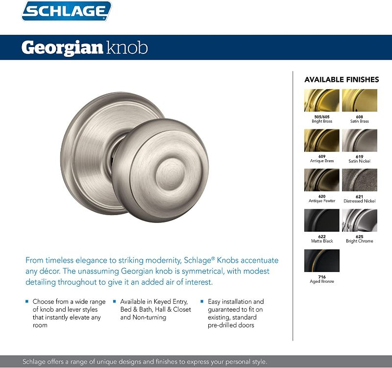 Photo 3 of Schlage F10 GEO 620 Georgian Door Knob, Hall & Closet Passage Lock, Antique Pewter