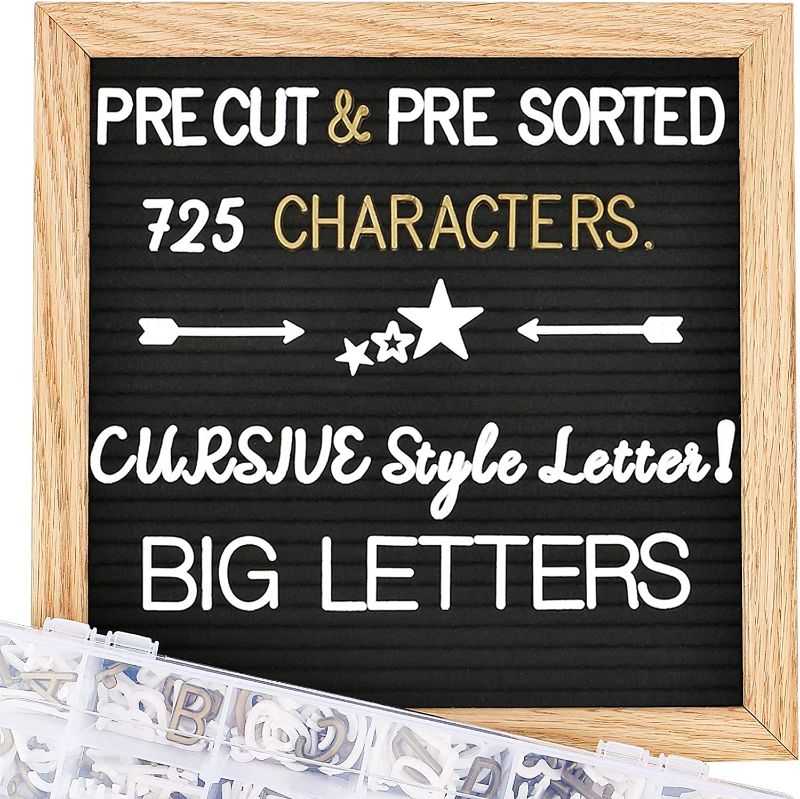 Photo 1 of Felt Letter Board with Letters, Pre Cut & Sorted 725 Letters, First Day of School Board, 10x10 Inch Changeable Letter Boards Message Board, Classroom Decor Farmhouse Wall Decor Sign Board, Baby Announcements