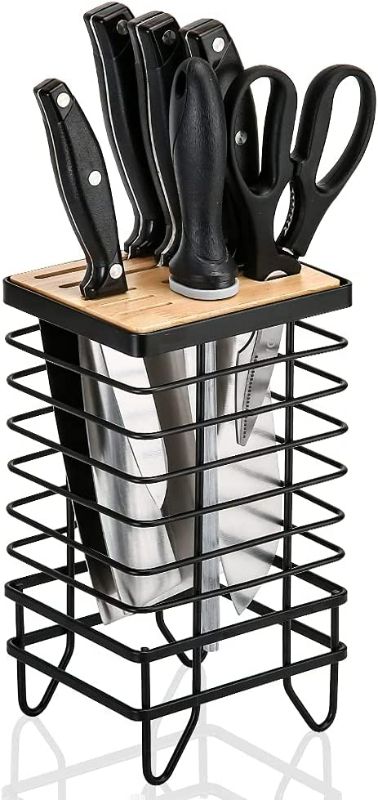 Photo 1 of LINFIDITE Knife Block Holder Universal Kitchen Knife Organizer Storage Stand 8 Slots Top Hollow Iron Wire Safe to Use Different Size Shape Knife Sharpeners Scissors Kitchen Countertop Black