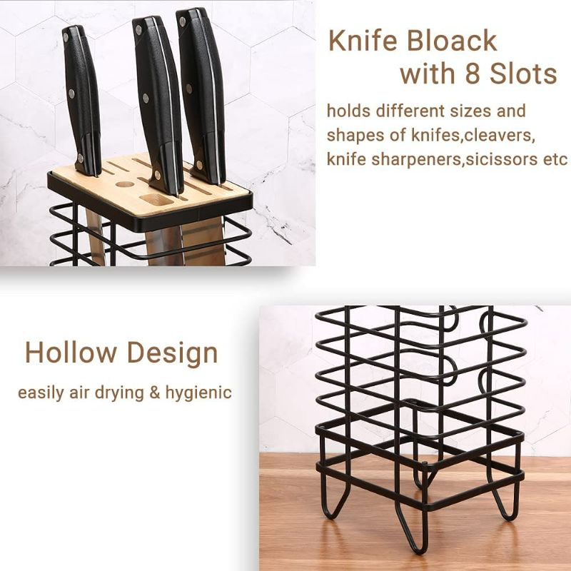 Photo 2 of LINFIDITE Knife Block Holder Universal Kitchen Knife Organizer Storage Stand 8 Slots Top Hollow Iron Wire Safe to Use Different Size Shape Knife Sharpeners Scissors Kitchen Countertop Black