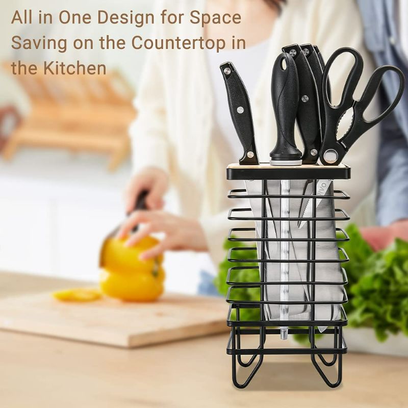 Photo 3 of LINFIDITE Knife Block Holder Universal Kitchen Knife Organizer Storage Stand 8 Slots Top Hollow Iron Wire Safe to Use Different Size Shape Knife Sharpeners Scissors Kitchen Countertop Black