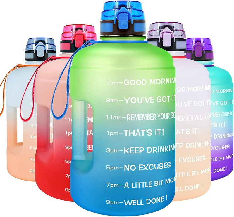 Photo 1 of Gallon Water Bottles with Times to Drink - 128 OZ BPA Free Large Reusable One Gallon/Half Gallon Water Jug Flip Top Leak Proof Lid One Click Open for Fitness Gym Goals